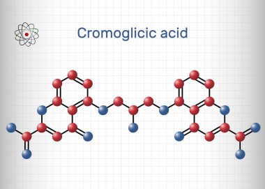 Cromoglisic asit, cromolyn, cromoglikat, cromogcopy molekülü. Astımın tedavisinde kullanılan antihistamin ilacı. Göz ve burun alerjik reaksiyonları. Kafesteki bir kağıt parçası. Vektör illüstrasyonu