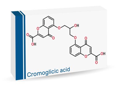 Cromoglisic asit, cromolyn, cromoglikat, cromogcopy molekülü. Astımın tedavisinde kullanılan antihistamin ilacı. Göz ve burun alerjik reaksiyonları. İskelet kimyasal formülü. Uyuşturucu için kağıt ambalaj. Vektör illüstrasyonu