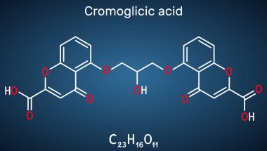 Cromoglisic asit, cromolyn, cromoglikat, cromogcopy molekülü. Astımın tedavisinde kullanılan antihistamin ilacı. Göz ve burun alerjik reaksiyonları. Koyu mavi arkaplanda yapısal kimyasal formül. Vektör illüstrasyonu