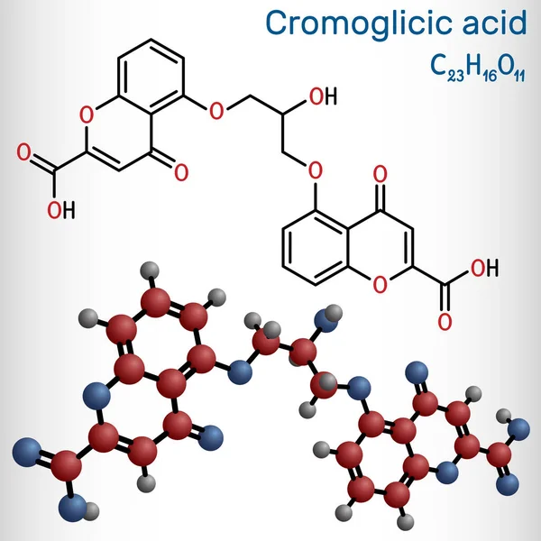 Cromoglisic asit, cromolyn, cromoglikat, cromogcopy molekülü. Astımın tedavisinde kullanılan antihistamin ilacı. Göz ve burun alerjik reaksiyonları. Yapısal kimyasal formül, molekül modeli. Vektör illüstrasyonu