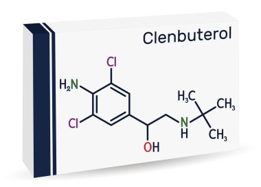 Clenbuterol molekülü. Bu sempatik amfetamin, dekonjestan ve bronkodilatör, solunum koşullarında ve astımda kullanılır. İskelet kimyasal formülü. Uyuşturucu için kağıt ambalaj. Vektör illüstrasyonu