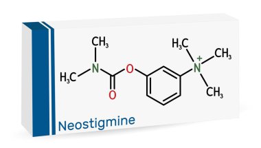 Neostigmin molekülü. Kas dokusunu geliştirerek miasteninin semptomatik tedavisinde kolinesteraz inhibitörü. İskelet kimyasal formülü. Uyuşturucu için kağıt ambalaj. Vektör illüstrasyonu