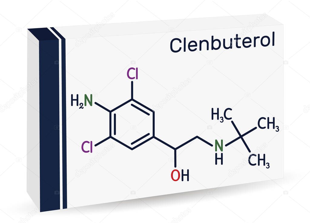 Clenbuterol molecule. It is sympathomimetic amine, decongestant and bronchodilator, used in respiratory conditions, in asthma. Skeletal chemical formula. Paper packaging for drugs. Vector illustration