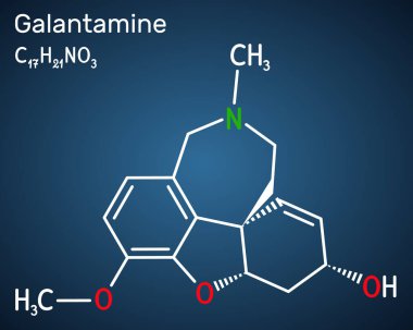 Galantamine molekülü. Üçüncü dereceden alkaloit. Bunama ve Alzheimer hastalıklarında kullanılır. Koyu mavi arkaplanda yapısal kimyasal formül. Vektör illüstrasyonu