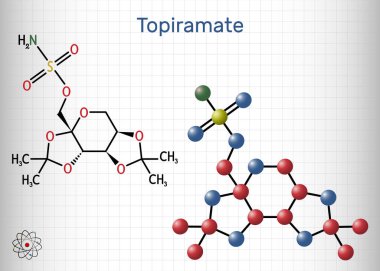 Topiramate molekülü. Sülfamat yerine kullanılan monosakkarit, antikonvülsan, epilepsi kontrolünde kullanılan nöbet önleyici ilaç. Yapısal kimyasal formül, molekül modeli. Kafesteki bir kağıt parçası. Vektör illüstrasyonu