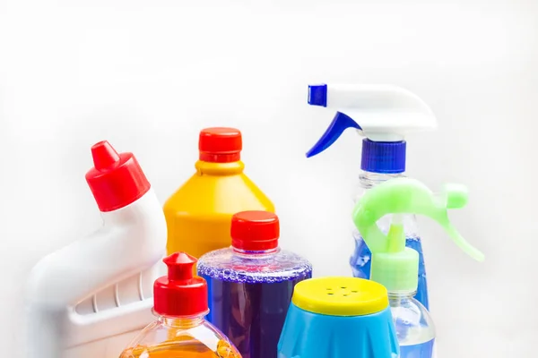 Chemikalia Sprzątania Mieszkania Odbiór Szare Tło Obrazek Stockowy