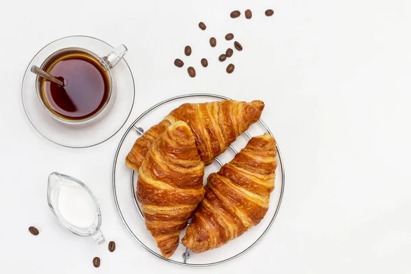 Croissants Frescos Crema Taza Café Copiar Espacio Vista Superior Fondo — Foto de Stock