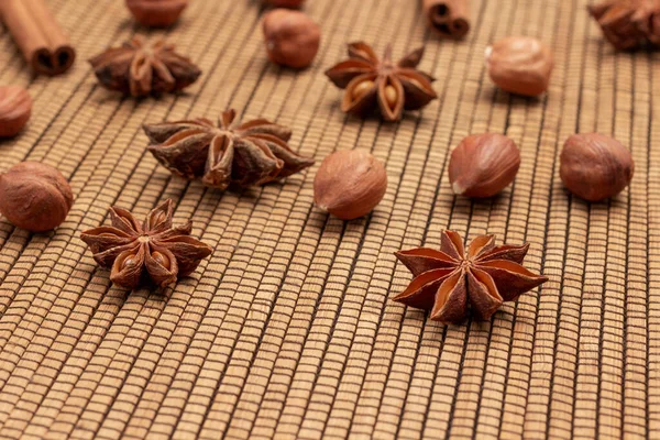 Star Anise Nuts Wooden Backgraund Top View — Φωτογραφία Αρχείου