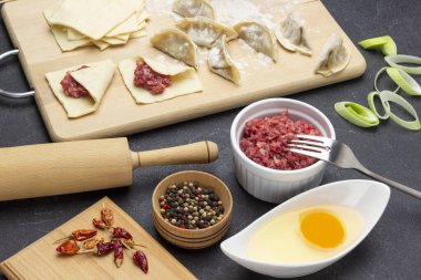 Kasede et, baharat, kasede yumurta. Çiğ gyoza köftesi ve hamur parçaları. Üst Manzara. Siyah arkaplan