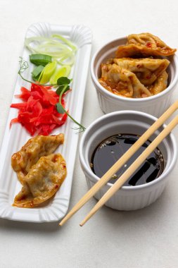 Soya soslu yemek çubukları. Turşulu zencefil, doğranmış pırasa ve tabakta gyoza. Kasede Gyoza köftesi. Üst Manzara. Beyaz arkaplan 