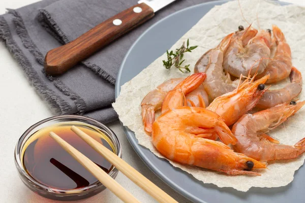 Shrimps Paper Gray Plate Soy Sauce Glass Bowl Chopsticks Knife — Stock Photo, Image