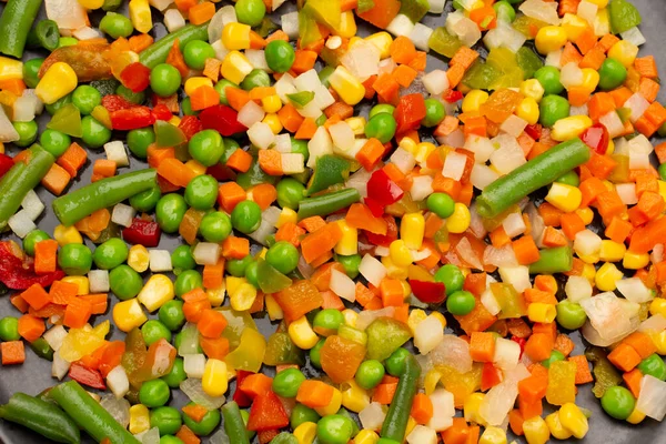 Vegetable Mix Carrots Corn Asparagus Black Flat Lay — Stok Foto
