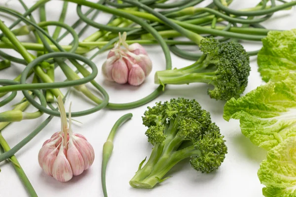 Brokoli Daun Kubis Bawang Putih Dan Bawang Putih Polong Hijau — Stok Foto