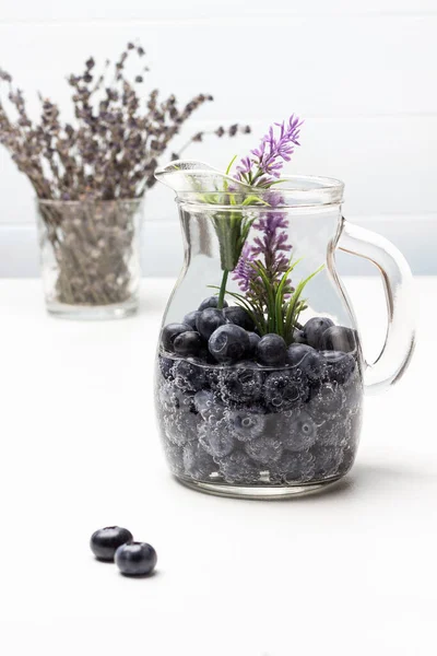 Sparkling Water Blueberry Glass Jar Lavender Glass Top View White — Stock fotografie