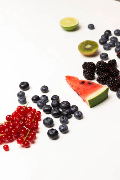 Ripe Blackberries Blueberries Red Currants Slice Watermelon Half Lime Copy — Stock Photo, Image