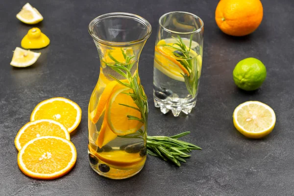 Orange Blueberries Rosemary Infused Water Glass Bottle Orange Lime Table — ストック写真