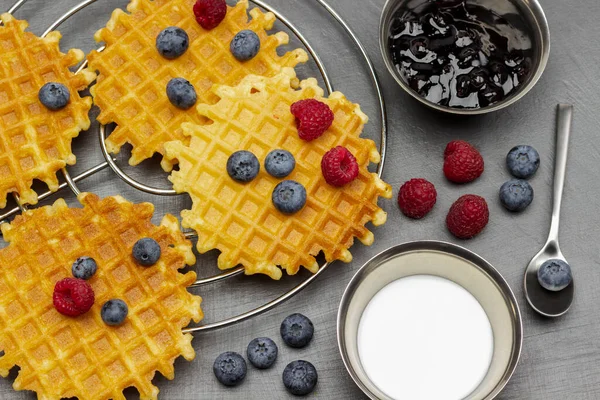 Berries Waffles Cream Jam Metal Bowls Blueberries Spoon Flat Lay — Stock Photo, Image