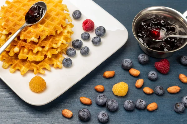 Waffles Berries Spoon Jam White Plate Nuts Berries Table Jam — Stock Photo, Image