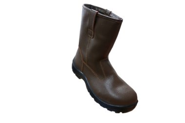 İşçiler çalışırken ayaklarını korumak için kahverengi çizmeler, bu ayakkabılar inşaat işçileri için zorunlu güvenlik ekipmanıdır.