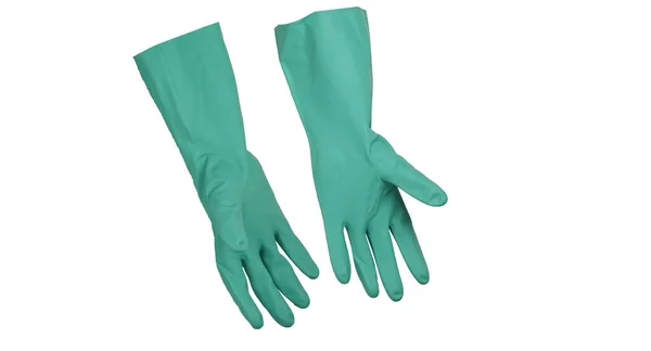 Green Rubber Gloves Protect Hands Liquid Chemicals — Zdjęcie stockowe