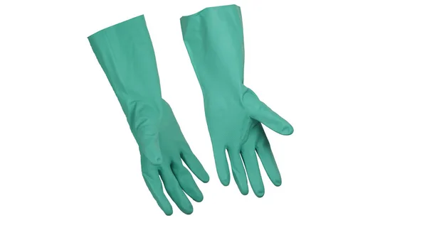 Green Rubber Gloves Protect Hands Liquid Chemicals ストック画像