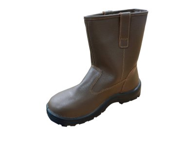 İşçiler çalışırken ayaklarını korumak için kahverengi çizmeler, bu ayakkabılar inşaat işçileri için zorunlu güvenlik ekipmanıdır.