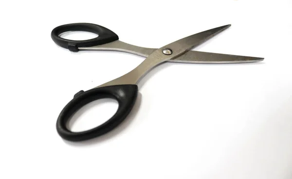 Photo Scissors Black Paper Tool Cutting Photo White Background — Stock Photo, Image