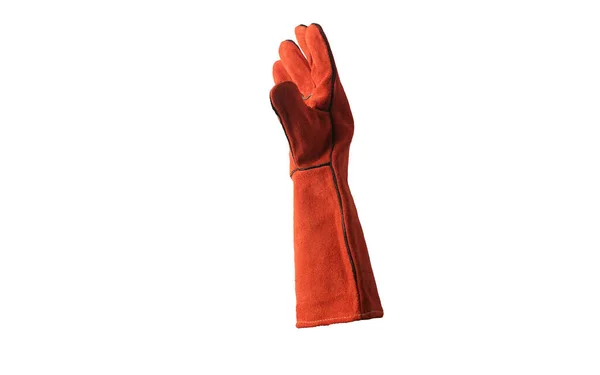 红色焊接手套的照片 这个安全手套是耐热的 通常由焊工使用 这张照片的背景是白色的 — 图库照片