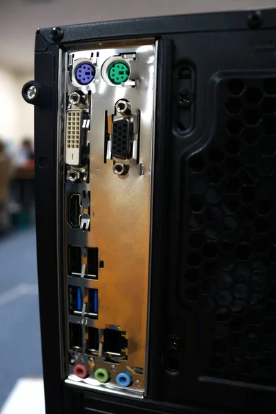 Tył Komputera Lub Komputera Zawiera Panel Port Audio Moc Lub — Zdjęcie stockowe