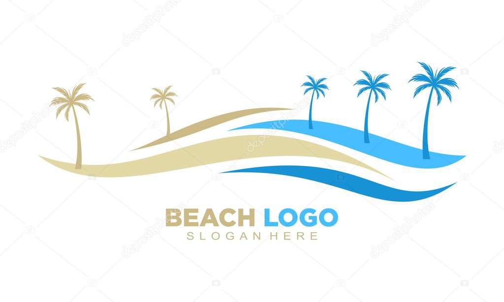 Nature beach with wave and coconut tree logo design