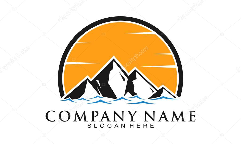 Mountain on the sea with sunset vector logo
