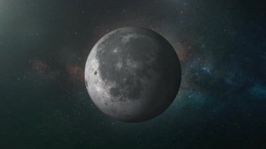 Dönen gezegen Ay karanlıkta izole edilir. Uzaydan Ay gezegeninin ön görüntüsü.