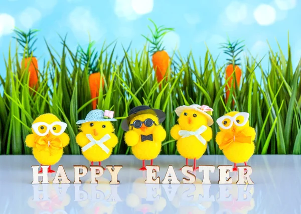 Happy Easter Background Wich Grass Chikens — Stock Photo, Image