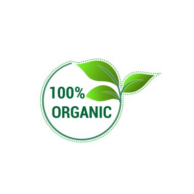 Yüzde yüz organik rozet ve üç yeşil yaprak. Vektör 10