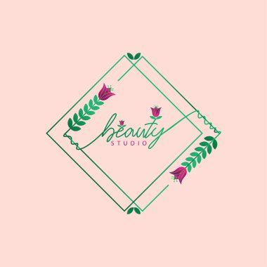 vector unique floral emblem frame and logo with beauty studio lettering composition, eps 10