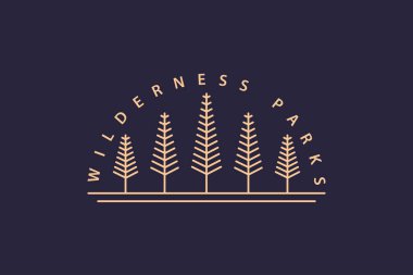 ilustrasi vektor logo WILDERNESS PARKS. Lencana perjalanan yang ditarik tangan dengan pohon pinus