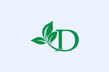 Logo D and leaves With dark green color. Vector illustration of a line lettering symbol