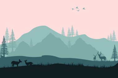 vector illustration design Deer stag buck silhouette with pine, evergreen, fir, hemlock, spruce, conifer eps 10