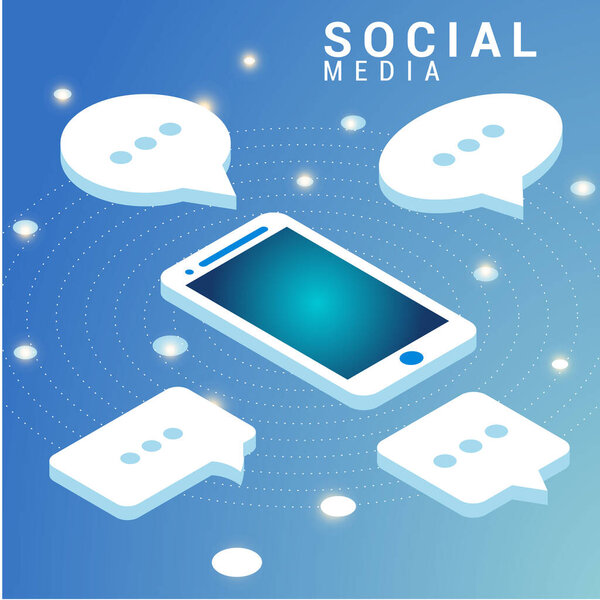 Изометрическая концепция с мобильным телефоном и чат. Чат отправки и получения сообщений и смс. Онлайн разговоры. Векторные иллюстрации.