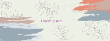Minimalizmle soyut modern bir arkaplan. Sakin, kahverengi tonlarda pastel renkler. Bitki elementleri. Düğün davetiyesi tasarımı.