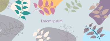 Pastel renklerde çağdaş sanat posterleri koleksiyonu. Soyut geometrik elementler ve vuruşlar, yapraklar ve meyveler, zeytin, mandalina.
