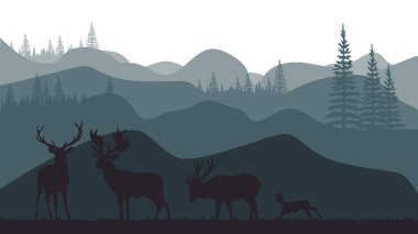 Landscape illustration design of green forest, mountains, fir trees and deer
