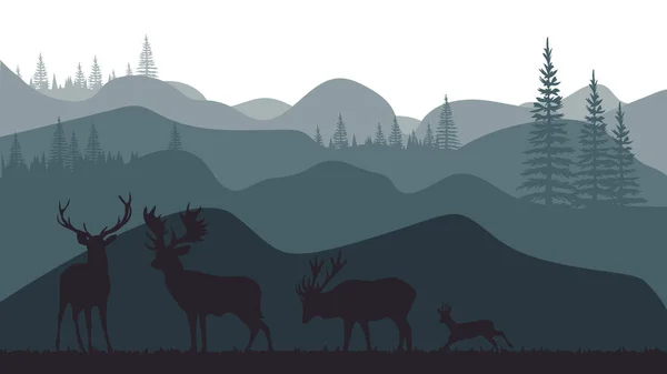 Landscape Illustration Design Green Forest Mountains Fir Trees Deer Vetores De Bancos De Imagens Sem Royalties