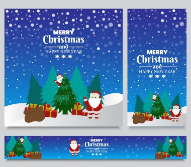 Mutlu Noeller ve mutlu yeni yıl konsepti, hediyelerle süslenmiş ağaç, Noel Baba, Vector vintage çizimi.