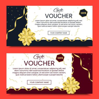 Altın kurdeleli şık hediye çeki, İndirim Kupon Şablonu Vektör İllüstrasyonu.