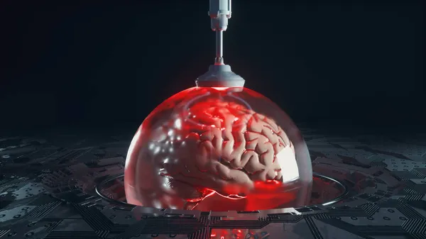 带有五彩缤纷的霓虹灯和人脑的未来派房间 人工智能的概念 这是一个3D渲染说明 — 图库照片