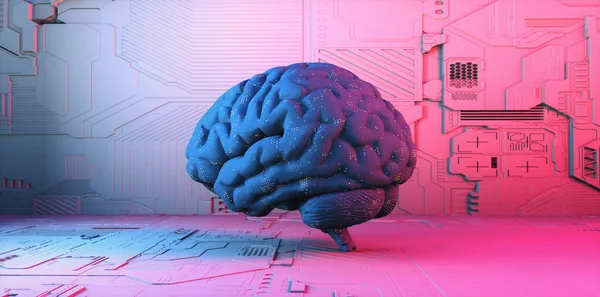 カラフルなネオンと人間の脳を持つ未来的な部屋 人工知能の概念です これは3Dレンダリング図です — ストック写真