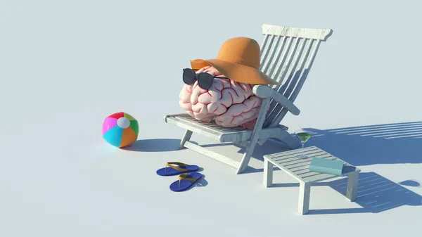 Cerebro Humano Relajándose Silla Con Sombrero Gafas Sol Salud Mental — Foto de Stock