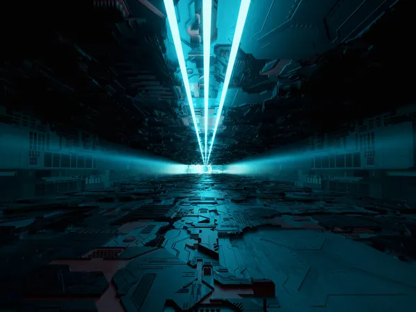 Sci Tunnel Neon Lights Spaceship Corridor Background Render Illustration — Stock Photo, Image