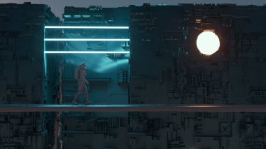 Astronot, arka planda neon ışıkları ve binalarla fütüristik bir köprüde yürüyor. Bilim kurgu fantezi sahnesi. Bu 3 boyutlu bir çizim. . 